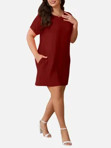 Vestido casual de manga corta de talla grande para mujer, cuello redondo cómodo con bolsillos.