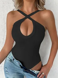 Sexy cross halter ribbed bodysuit for women, slim fit sleeveless summer top detail view.