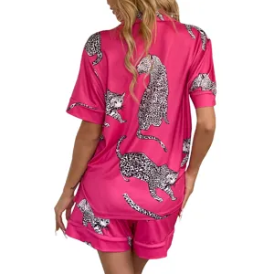Pink satin leopard print short sleeve pajama set for women, stylish sleepwear homewear.