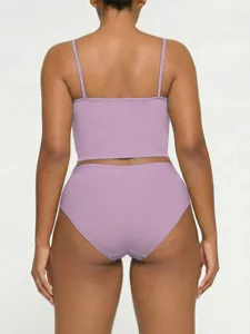 Plus size women purple camisole top and matching briefs set, comfortable summer casual wear.