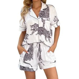 Leopard print satin pajama set for women, short sleeve top and shorts lounge sleepwear.