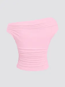 Estate rosa top corto a costine monospalla moda Y2K vestibilita slim abbigliamento donna