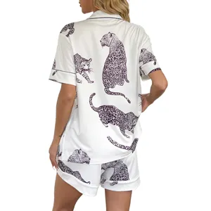 Women's leopard print satin short sleeve pajama set loungewear two-piece sleepwear