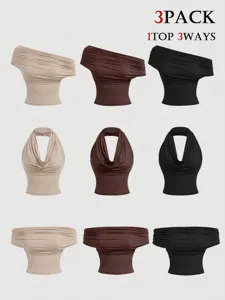 Versatile cowl neck halter vest top 3-pack in multiple classic colors for women spring.