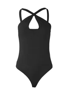 Black ribbed halter bodysuit featuring cross straps, slim fit sexy cutout summer top.
