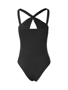 Detail view of a black ribbed bodysuit featuring a stylish criss-cross halter neck design.