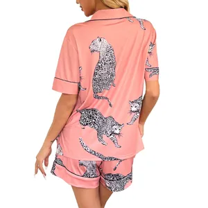 Pink satin leopard print short sleeve pajama set for women, chic two-piece loungewear.