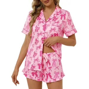 Set pigiama rosa con stampa fiocco maniche corte donna abbigliamento notte vista principale