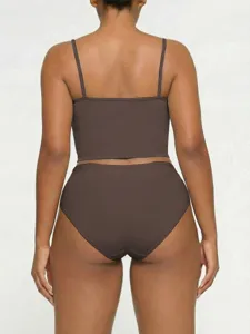 Back view of a solid dark brown camisole top and high waisted briefs underwear set detail.