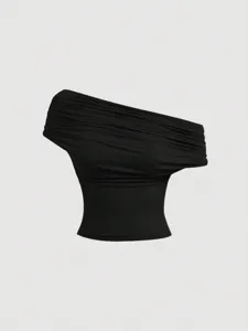 Black asymmetric one-shoulder gathered crop top stylish sexy slim fit summer vest for women