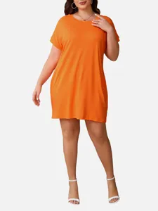 Tallas grandes vestido camiseta naranja casual de mujer mangas cortas holgadas verano diario