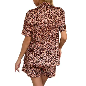 Women leopard print satin short sleeve pajama set summer luxury sleepwear loungewear