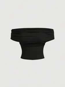 Black off-shoulder draped tube top vest, elegant summer slim fit minimalist apparel.