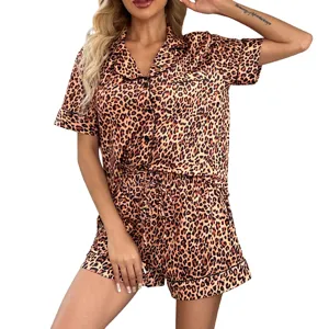 Leopard print satin short sleeve top and shorts pajama set for women, stylish homewear.