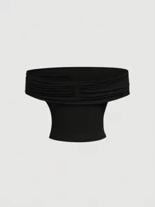 Black off-shoulder cowl neck halter top detail view, sleek style women's summer vest.