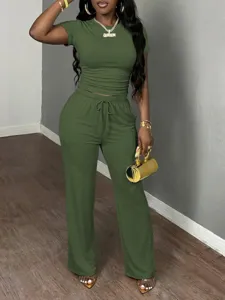Women casual two piece set short sleeve ruched top and lounge sweatpants Y2K matching outfit.