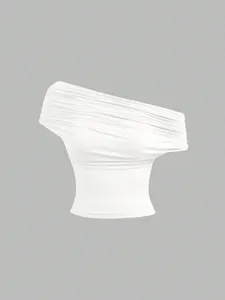 White one shoulder draped crop top, stylish asymmetric summer sleeveless shirt for women fashion.