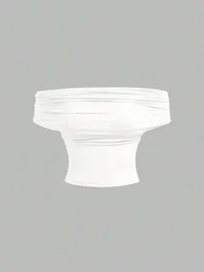 White off-shoulder strapless tube top, slim fit design, stylish summer basic wear.