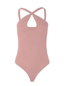 Women pink cross halter ribbed bodysuit sexy slim fit sleeveless cut out bodysuit summer top