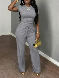 Women two piece set short sleeve top and lounge pants casual comfy matching outfit grey