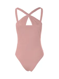 Ribbed bodysuit with cross back straps detail, pink color, comfortable fabric for daily wear.