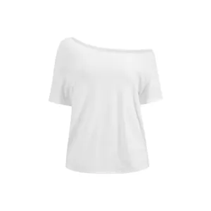 Detailed view of white off-the-shoulder short sleeve t-shirt, loose Y2K casual top for women.