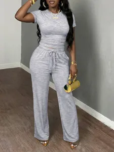 Women grey short sleeve crop top and wide leg sweatpants two piece lounge set casual Y2K
