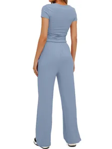 Ensemble haut à manches courtes décontracté uni et pantalon large taille haute femme