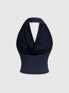 Dark blue halter top detail, stylish cowl neck and gathered front design, chic sleeveless slim fit.