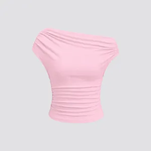 Top corto a costine rosa monospalla da donna, maglietta slim estiva ed elegante.