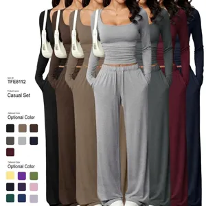 Women Casual Solid Color Square Neck Long Sleeve Top And Wide Leg Pants Outfit Set