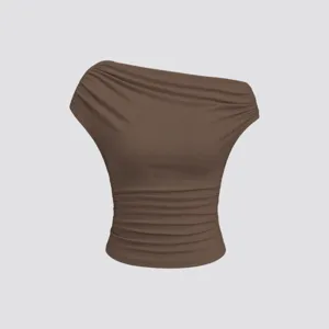 Donna marrone top spalla scoperta costine slim fit sexy arricciato elegante moda chic