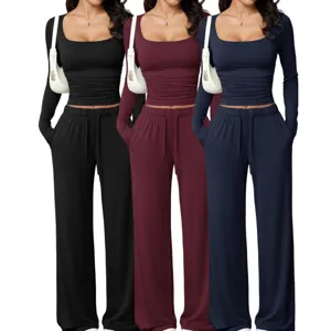 Women square neck long sleeve crop top and matching wide leg sweatpants lounge set