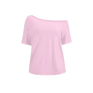 Pink off-shoulder casual t-shirt detail, showing soft fabric and loose Y2K style fit.