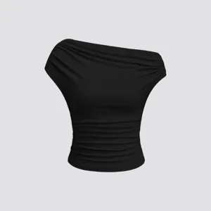 Estate donne nero top a coste spalle scoperte vestibilità slim moda Y2K camicia casual base