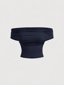 Dark blue off-the-shoulder draped bandeau top for women, chic slim fit casual summer fashion camisole.