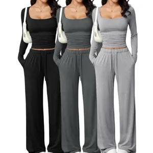 Women two piece long sleeve square neck crop top wide leg lounge set casual sportswear