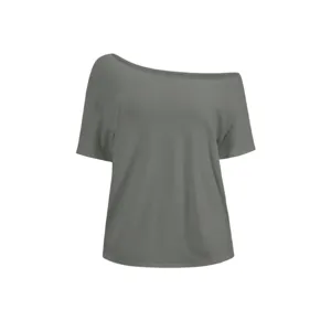 Details of the dark gray off-the-shoulder short sleeve t-shirt, casual loose summer top.