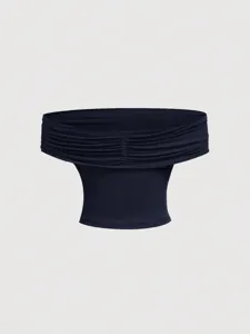 Navy blue off-the-shoulder draped top, stylish fold detail, comfortable fabric, chic summer wear.