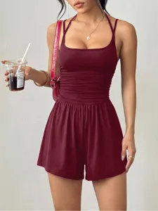 Detailed view of women's burgundy halter neck romper, casual ruched sleeveless jumpsuit.