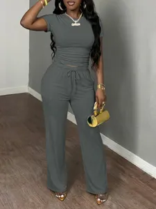Women two piece lounge set short sleeve crop top and wide leg pants casual y2k tracksuit