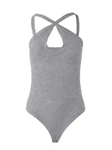 Grey ribbed halter bodysuit featuring cross straps and front keyhole cutout, slim summer top.