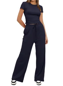 Ensemble femme bleu marine uni haut court manches courtes et pantalon large taille haute