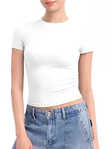 Damen einfarbig Rundhals Kurzarm Basisshirt, figurbetont lässiges Sommer Oberteil top.