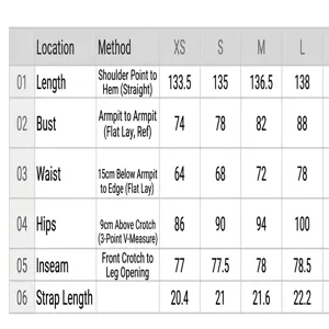 Size chart details of women's solid color yoga jumpsuit showing measurements for XS to L.