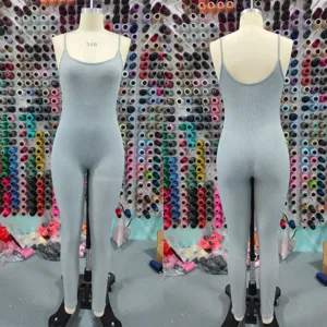 Solid color ribbed spaghetti strap yoga jumpsuit activewear tight romper casual outfit