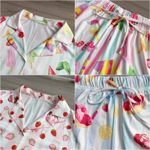 Vue détaillée ensemble pyjama femme été, imprimé fruits et crème glacée, chemise col et short.