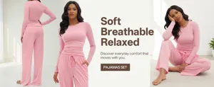 Ensemble pyjama rose confortable à manches longues et pantalon large taille haute pour se détendre.