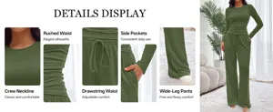 Gros plans détaillés montrant l'encolure ronde, la taille fronçée et le pantalon.