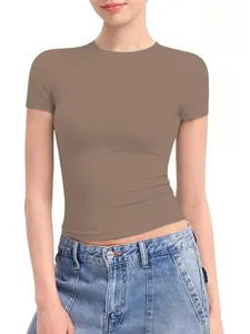 Damen einfarbig Rundhals Kurzarm schmal geschnittenes T-Shirt lässiges Basic-Top für Sommer